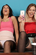 Felicity Hill and Hollie Sparrow laugh at the size of his cock