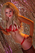 Buxom blonde babe Amy Love posing in her red lingerie and black hold-up stockings